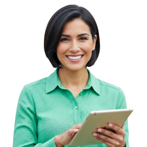 Mulher sorrindo segurando um tablet